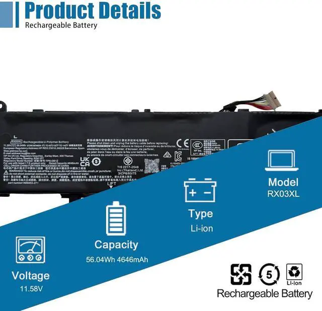 Alt view image 2 of 6 - RX03XL Laptop Battery Replacement for HP EliteBook 660 640 645 630 G11 ProBook 465 445 440 460 G11 Series N78704-005 TPN-DB1Z N70706-005 N69453-CF1 HSTNN-WB0H 11.58V 56.04Wh 4646mAh