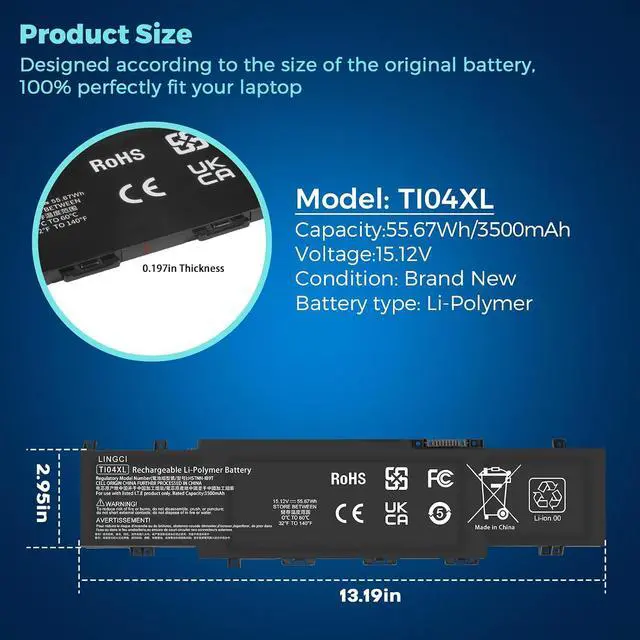 Alt view image 4 of 7 - TI04XL M24563-005 Battery Replacement for HP Envy 17-CH000 17m-ch000 17T-CH000 17-ch0027ur 17-ch0026ur 17m-ch0013dx 17M-CH1013DX 17-ch0xxx TI04055XL M24420-1C1 M24420-1D1 55.67Wh 15.12V