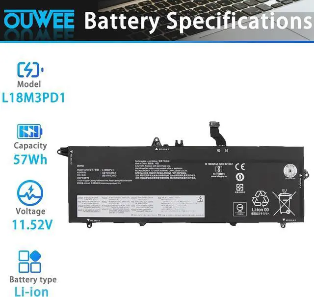 Alt view image 2 of 5 - L18M3PD1 Laptop Battery Compatible with Lenovo ThinkPad T14S Gen1(2020) T490S T495S Series L18C3PD1 L18L3PD1 L18M3PD2 L18C3PD2 02DL013 02DL014 02DL015 02DL016 5B10W13909 SB10T83152 11.52V 57Wh