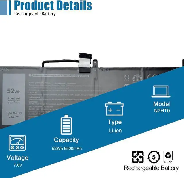 Alt view image 2 of 6 - N7HT0 Laptop Battery Replacement for Dell Latitude 9510 2-in-1 Latitude 9510 9520 P94F P95F P95F001 Series TVKGH V5K68 N2NLL HYMNG 08NFC7 N2NLL N7HTO 0PKW00 089GNG 0HYMNG 7.6V 52Wh 6500mAh