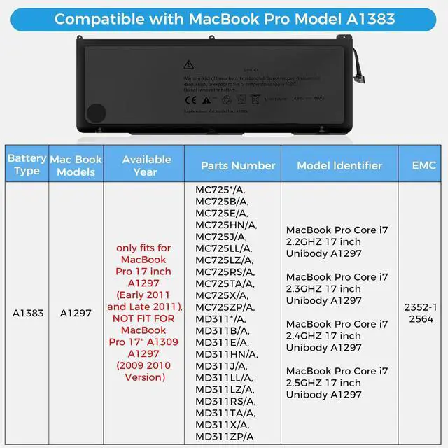 Alt view image 3 of 7 - A1383 Battery,A1297 Replacement for MacBook Pro 17 inch A1297(Early 2011-Late 2011) Series EMC 2352-1 EMC 2564(Upgraded High Performance 10.95V 95Wh 9500mAh)