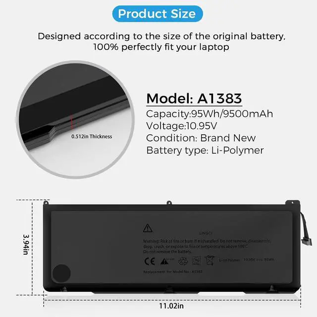 Alt view image 5 of 7 - A1383 Battery,A1297 Replacement for MacBook Pro 17 inch A1297(Early 2011-Late 2011) Series EMC 2352-1 EMC 2564(Upgraded High Performance 10.95V 95Wh 9500mAh)