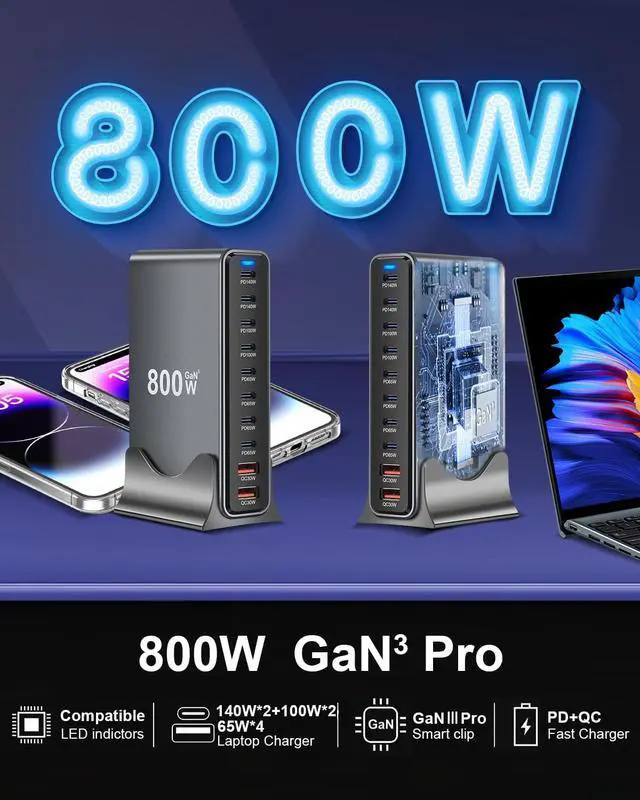 Alt view image 3 of 7 - 800W USB C Fast Charger Block, Multi-port USB Charging Station, GaN Double 140W PD PPS Port Fast Charging Station for Multiple Devices,Laptop Wall Charger Compatible with MacBook, iPhone 17,iPad etc