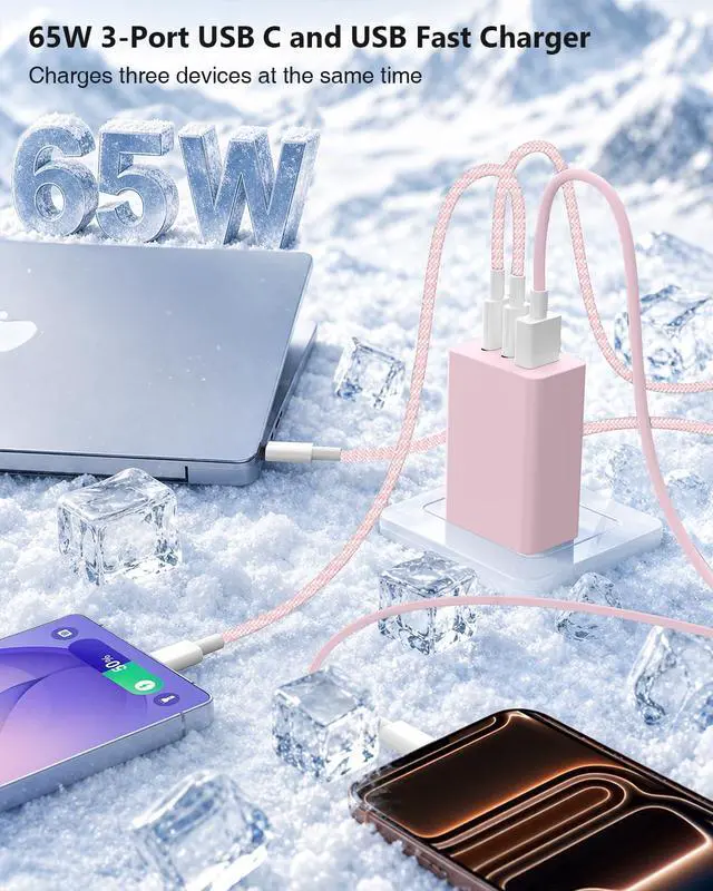 Alt view image 2 of 7 - 65W USB C Super Fast Charger for Samsung S26 Ultra,3-Port Type C Laptop Adapter Block with 3+6ft USB&3+6+10+10ft USBC Cable for Samsung Galaxy S26 Ultra S25/S24/S23,Tab,MacBook, iPhone 17/16-Pink