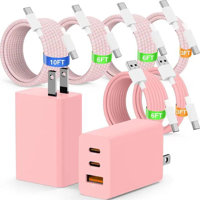 Main image of 65W USB C Super Fast Charger for Samsung S26 Ultra,3-Port Type C Laptop Adapter Block with 3+6ft USB&3+6+10+10ft USBC Cable for Samsung Galaxy S26 Ultra S25/S24/S23,Tab,MacBook, iPhone 17/16-Pink