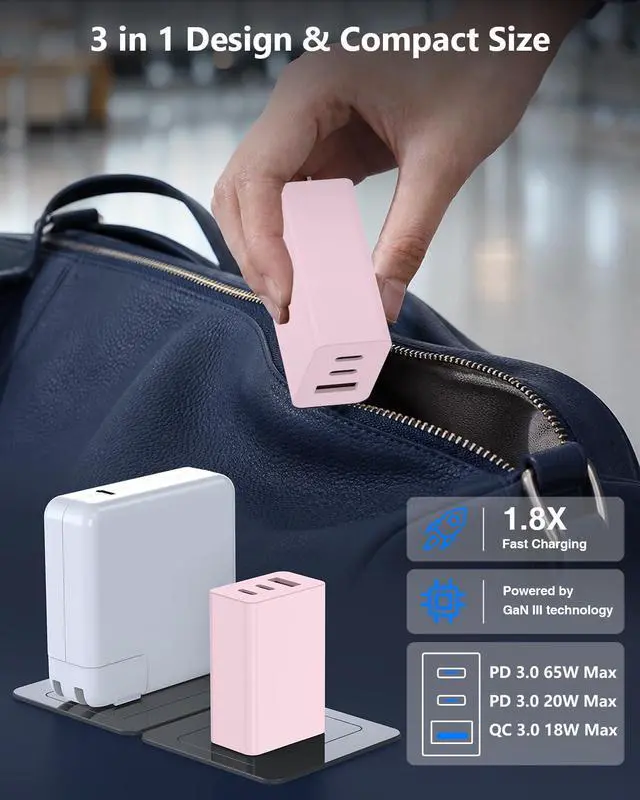 Alt view image 4 of 7 - 65W USB C Super Fast Charger for Samsung S26 Ultra,3-Port Type C Laptop Adapter Block with 3+6ft USB&3+6+10+10ft USBC Cable for Samsung Galaxy S26 Ultra S25/S24/S23,Tab,MacBook, iPhone 17/16-Pink