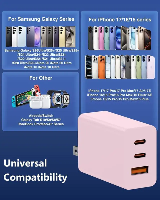 Alt view image 7 of 7 - 65W USB C Super Fast Charger for Samsung S26 Ultra,3-Port Type C Laptop Adapter Block with 3+6ft USB&3+6+10+10ft USBC Cable for Samsung Galaxy S26 Ultra S25/S24/S23,Tab,MacBook, iPhone 17/16-Pink