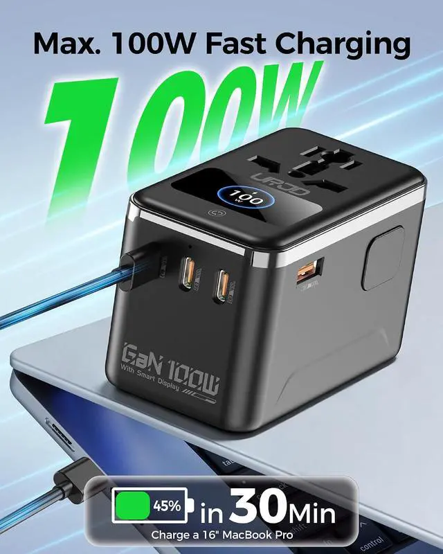 Alt view image 2 of 7 - GaN 100W Universal Travel Adapter with Smart Display, 3 USB C 1 USB A + 2500W AC Outlet, International Power Adapter for Fast Charging in 200+ Countries, Compatible with MacBook, iPhone and More