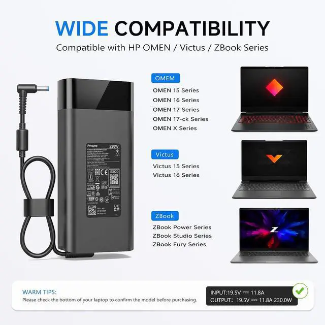 Alt view image 3 of 7 - 230W 19.5V 11.8A Charger Compatible with HP Omen 16 (4.5x3.0mm)