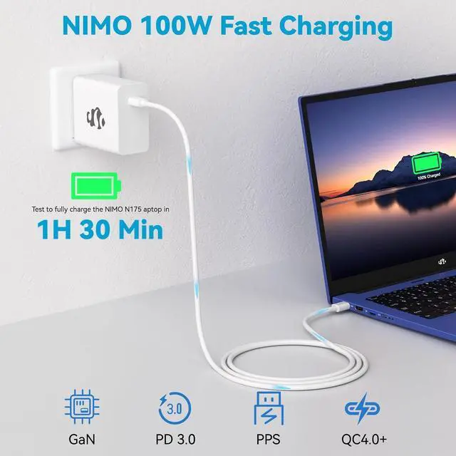 Alt view image 3 of 7 - NIMO 65W GaN USB C Fast Charger, Compact PD 3.0 Adapter with 6.6ft Cable, Reliable Laptop Power Block for MacBook Pro/Air, iPhone-17/16 Pro Max, iPad, Sam-sung-S26/S25, PPS Charger for Travel Office
