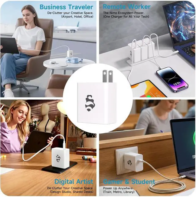 Alt view image 7 of 7 - NIMO 65W GaN USB C Fast Charger, Compact PD 3.0 Adapter with 6.6ft Cable, Reliable Laptop Power Block for MacBook Pro/Air, iPhone-17/16 Pro Max, iPad, Sam-sung-S26/S25, PPS Charger for Travel Office