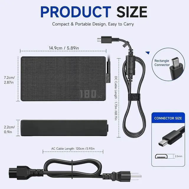 Alt view image 3 of 7 - 180W Laptop Charger Compatible with ASUS ROG Zephyrus G14 2024 GA403UI GA403UV, TUF Gaming A14 FA401WV, ProArt PX13 HN7306WV, 20V 9A Rectangle Conn Power Supply Adapter Cord