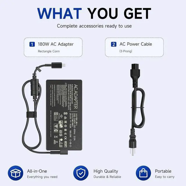 Alt view image 7 of 7 - 180W Laptop Charger Compatible with ASUS ROG Zephyrus G14 2024 GA403UI GA403UV, TUF Gaming A14 FA401WV, ProArt PX13 HN7306WV, 20V 9A Rectangle Conn Power Supply Adapter Cord