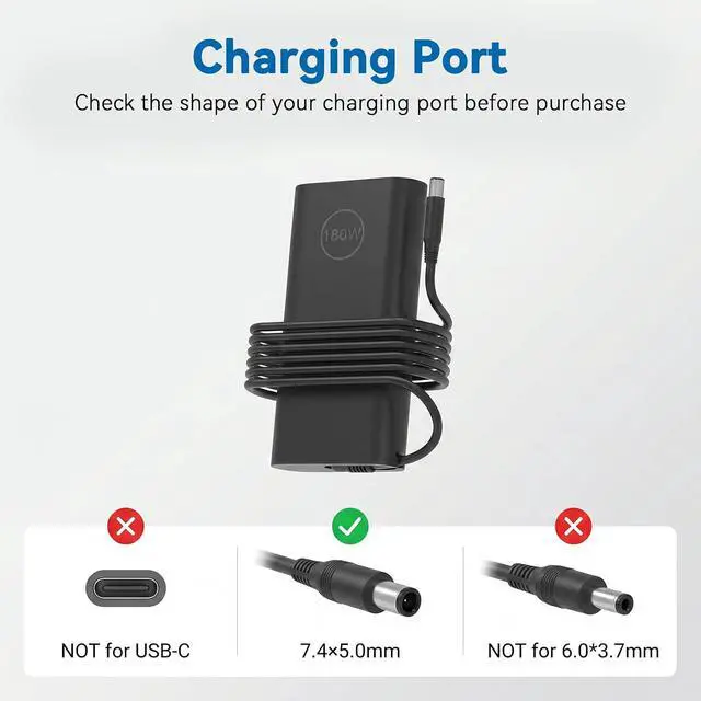 Alt view image 6 of 7 - Replacement for Dell GaN Laptop Charger 180W,Precision 7680 7670 7770 7780