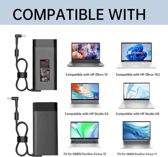 Alt view image 5 of 7 - 150W Laptop Charger Compatible with HP Zbook 15 16 17 15u 15v G3 G4 G5 G6 G7 G8 G9 Studio Firefly 15 G4 G5 G7 G8 G9 G10 G11 Victus 15 OMEN by 15 17 Pavilion Gaming 15 17 AC Adapter Power Supply Cord