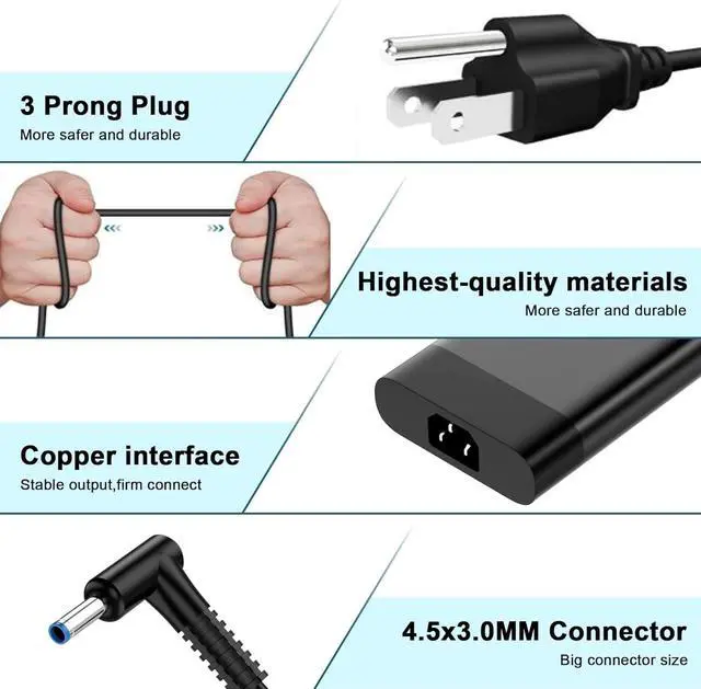 Alt view image 4 of 6 - 200W Laptop Charger Compatible with HP Victus 15 16, Omen 15 16 17, Pavilion Gaming, ZBook Fury Studio G7 G8 G9 G10 G11, 10.5ft Extra Long AC Power Supply Adapter Cord (4.5 * 3.0mm Blue Tip)