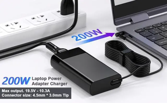 Alt view image 5 of 6 - 200W Laptop Charger Compatible with HP Victus 15 16, Omen 15 16 17, Pavilion Gaming, ZBook Fury Studio G7 G8 G9 G10 G11, 10.5ft Extra Long AC Power Supply Adapter Cord (4.5 * 3.0mm Blue Tip)