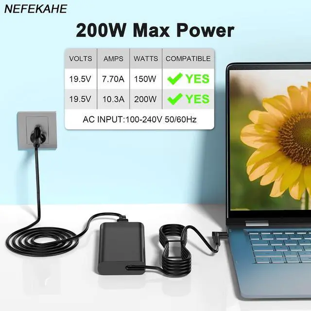 Alt view image 3 of 6 - 200W Laptop Charger Compatible with HP Victus 15 16, Omen 15 16 17, Pavilion Gaming, ZBook Fury Studio G7 G8 G9 G10 G11, 10.5ft Extra Long AC Power Supply Adapter Cord (4.5 * 3.0mm Blue Tip)