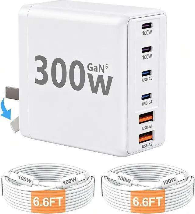 Main image of 300W USB C Laptop Charger with 2 USB Cables 6Port Dual 100W Charging Block