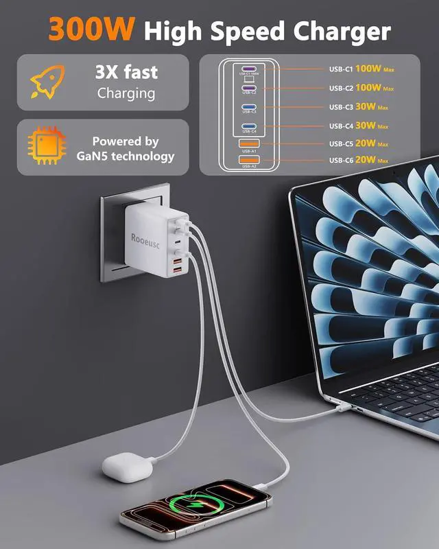 Alt view image 2 of 7 - 300W USB C Laptop Charger with 2 USB Cables 6Port Dual 100W Charging Block