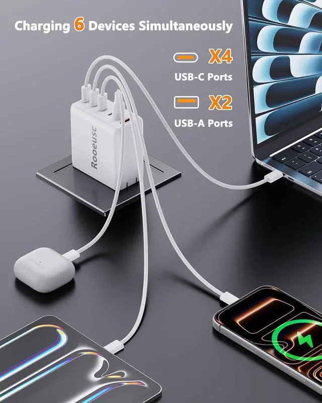 Alt view image 5 of 7 - 300W USB C Laptop Charger with 2 USB Cables 6Port Dual 100W Charging Block
