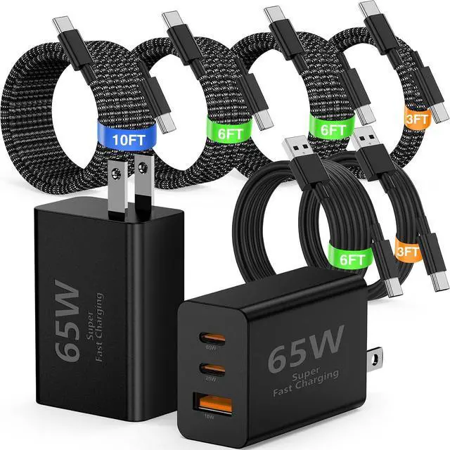 Main image of 65W USB C Super Fast Charger for Samsung S26 Ultra,3-Port Type C Laptop Adapter Block with 3+6ft USB&3+6+10+10ft USBC Cable for Samsung Galaxy S26 Ultra S25/S24/S23,Tab,MacBook, iPhone 17/16-BK