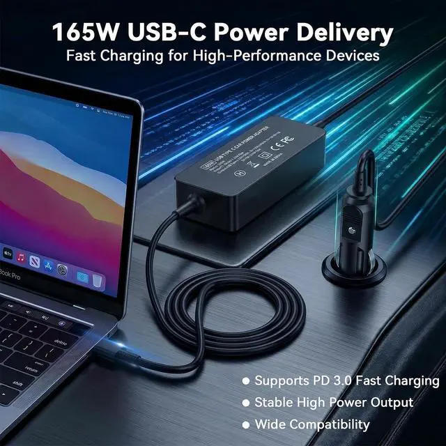 Alt view image 3 of 7 - 165W USB C Car Laptop Charger Compatible with Dell Latitude 9440 9450 9430 9420 9410 9330 7650 7640 7340 7450 7440 7430 7420 7410, PD Type C Vehicle Power Adapter