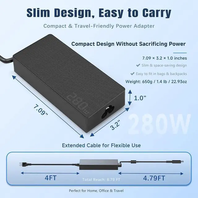 Alt view image 3 of 7 - 280W Laptop Charger Compatible with ASUS ROG Strix G18 G16 (2025) G815 G615, TUF Gaming F16 FX608, Zephyrus G14 G16, 20V 14A Replacement Power Adapter, Fits ADP-280BB B Rectangle Conn Tip