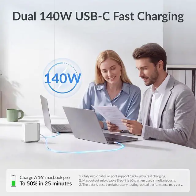 Alt view image 2 of 7 - 140W Retractable USB C Laptop Charger Block, 2-Port Computer Charger with Built-in 31.5in Cable, Fast GaN Charger for MacBook, iPad, iPhone 17/16 Series and Home Office Desk, White