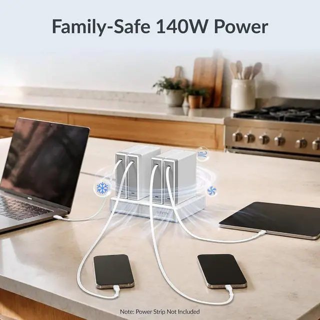 Alt view image 5 of 7 - 140W Retractable USB C Laptop Charger Block, 2-Port Computer Charger with Built-in 31.5in Cable, Fast GaN Charger for MacBook, iPad, iPhone 17/16 Series and Home Office Desk, White