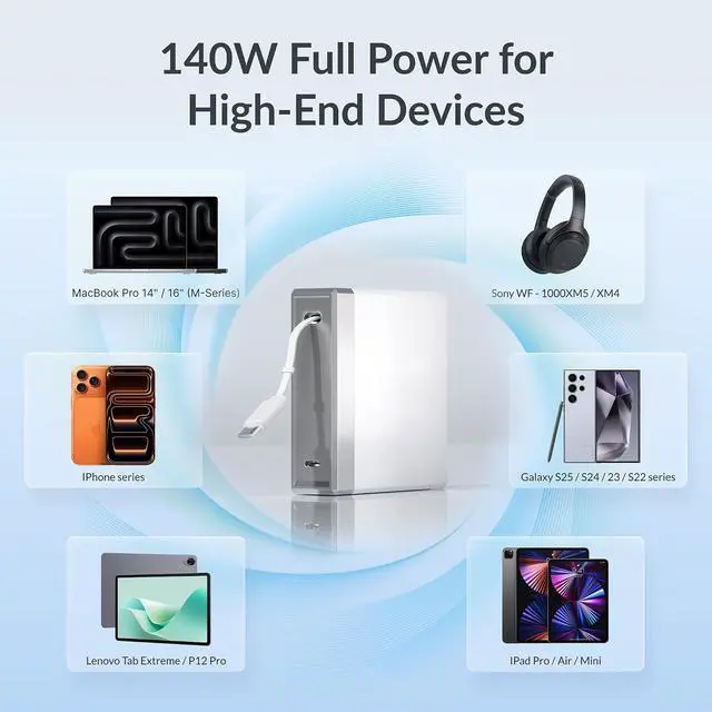 Alt view image 6 of 7 - 140W Retractable USB C Laptop Charger Block, 2-Port Computer Charger with Built-in 31.5in Cable, Fast GaN Charger for MacBook, iPad, iPhone 17/16 Series and Home Office Desk, White