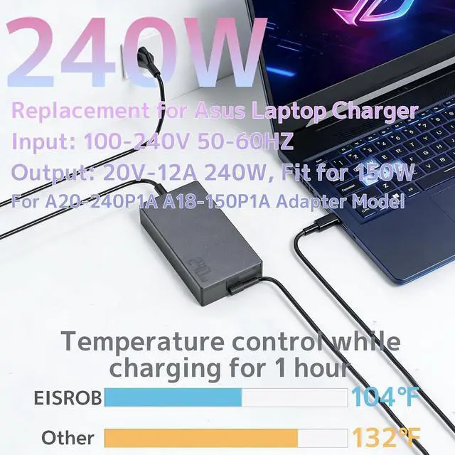 Alt view image 4 of 7 - 240W Laptop Charger Fit for ASUS ROG Zephyrus G14 G16 ProArt PX13 P16 TUF
