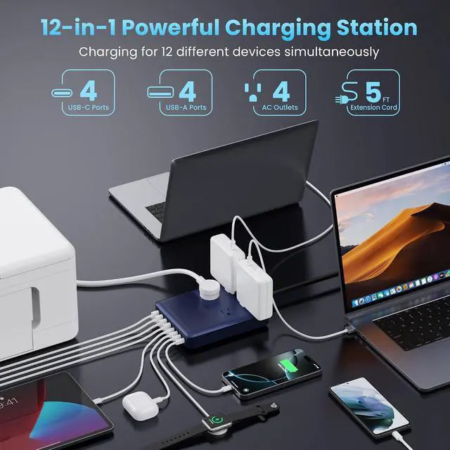Alt view image 2 of 7 - 12-in-1 Charging Station USB C Power Strip with 5ft Cord and Plug,200W GaN IV USB C Charger Block,4 AC Outlets,8 USB for MacBook,iPhone 17/16,Fast Charging Desktop Charger for Office,Home Blue