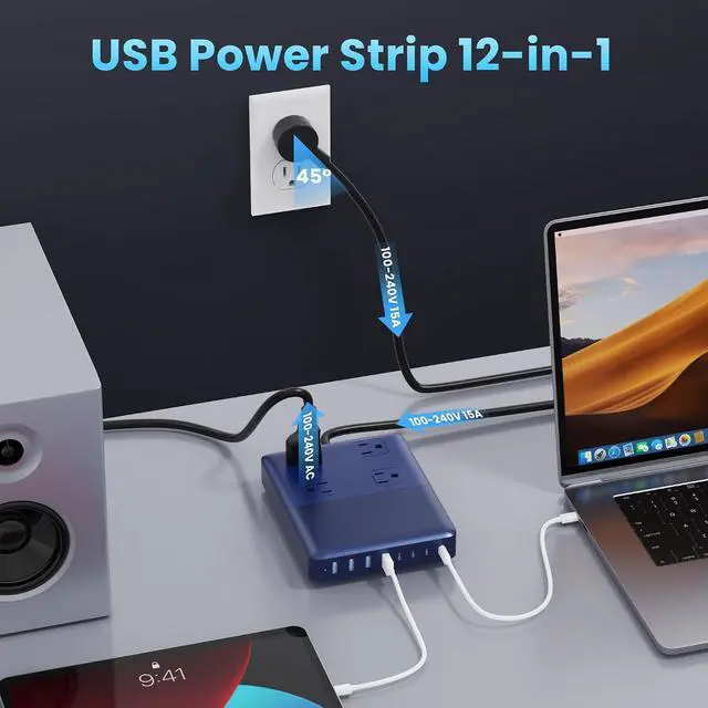 Alt view image 3 of 7 - 12-in-1 Charging Station USB C Power Strip with 5ft Cord and Plug,200W GaN IV USB C Charger Block,4 AC Outlets,8 USB for MacBook,iPhone 17/16,Fast Charging Desktop Charger for Office,Home Blue