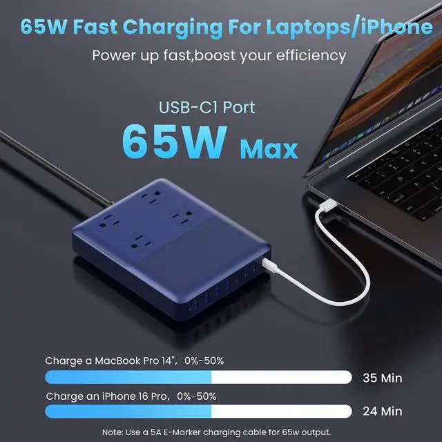 Alt view image 4 of 7 - 12-in-1 Charging Station USB C Power Strip with 5ft Cord and Plug,200W GaN IV USB C Charger Block,4 AC Outlets,8 USB for MacBook,iPhone 17/16,Fast Charging Desktop Charger for Office,Home Blue