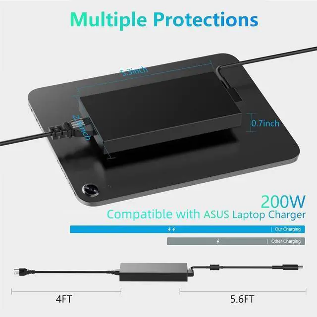 Alt view image 5 of 7 - 200W Laptop Charger Compatible with ASUS Zephyrus G16 G14 GA605 gu605 gu605m FA401WV TUF Gaming A14 A16 2024 2025 ROG ProArt P16 H7606 H7606WI ADP-200JB K Power Cord