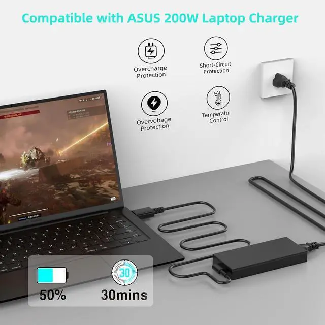 Alt view image 7 of 7 - 200W Laptop Charger Compatible with ASUS Zephyrus G16 G14 GA605 gu605 gu605m FA401WV TUF Gaming A14 A16 2024 2025 ROG ProArt P16 H7606 H7606WI ADP-200JB K Power Cord