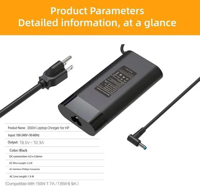 Alt view image 2 of 6 - New Slim 200W Laptop Charger for HP Omen Victus Pavilion Gaming 15 16 17 & ZBook 15 17 G3-G8 Series