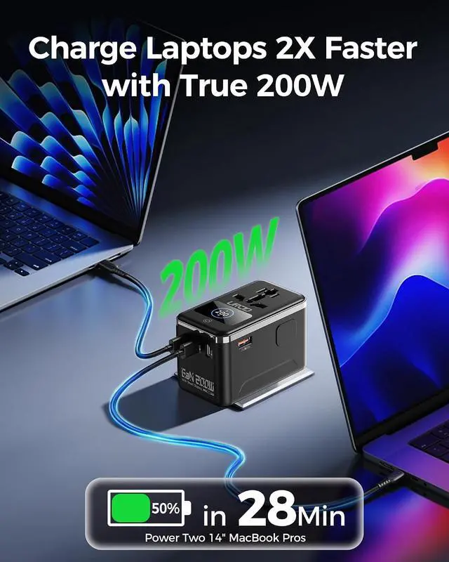 Alt view image 2 of 7 - Max 200W GaN Universal Travel Adapter with Smart Display for Europe UK