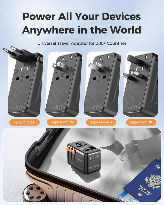 Alt view image 5 of 7 - Max 200W GaN Universal Travel Adapter with Smart Display for Europe UK