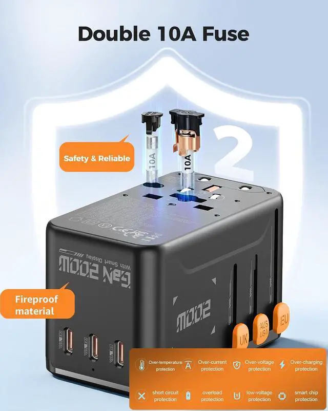 Alt view image 7 of 7 - Max 200W GaN Universal Travel Adapter with Smart Display for Europe UK