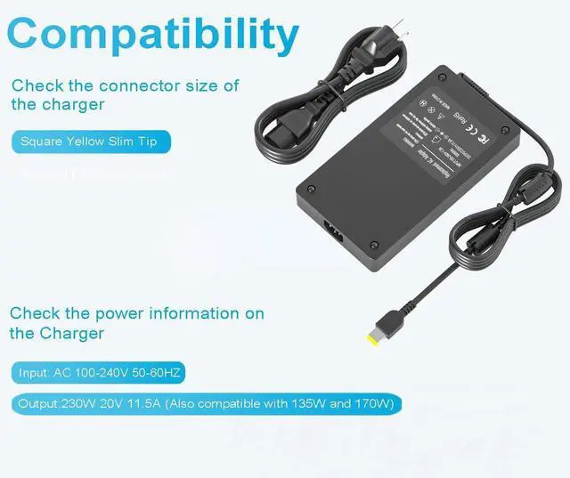 Alt view image 2 of 5 - 230W Laptop Charger Fit for Lenovo Legion/ThinkBook/ThinkPad Laptop
