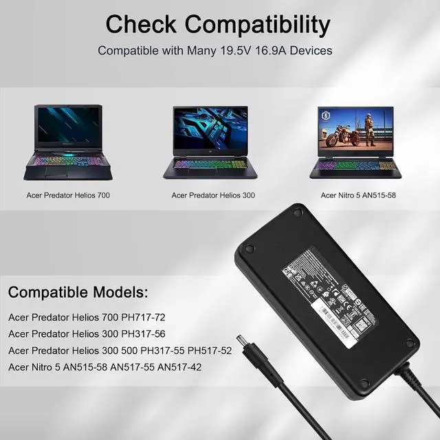 Alt view image 7 of 7 - 330W Laptop Charger Compatible with Acer Predator Helios 18 16 15 PHN16-73 PH18-72 PHN16-72 PH16-72 PH3D15 Predator Triton 17 X PTX17-71 Nitro 17 16 15 AN17-51 AN17-41 AN16-41 PA-1331-99