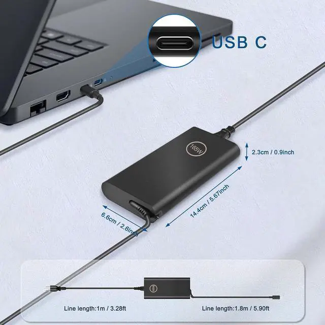 Alt view image 2 of 7 - 165W USB c Laptop Charger Compatible with Dell Pro Max 14 16 18 Plus MB18250 MB16250 Precision 5680 5690 P123F DA165PM210 HA165PM210 LA165PM210 AC Adapter