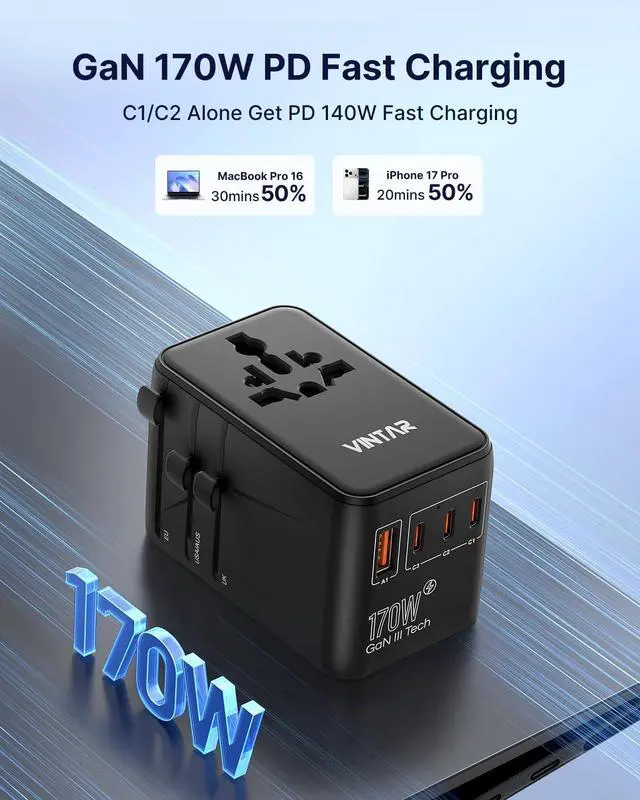 Alt view image 2 of 7 - VINTAR Universal Travel Adapter 170W GaN, Fast Charger for EU UK US AU