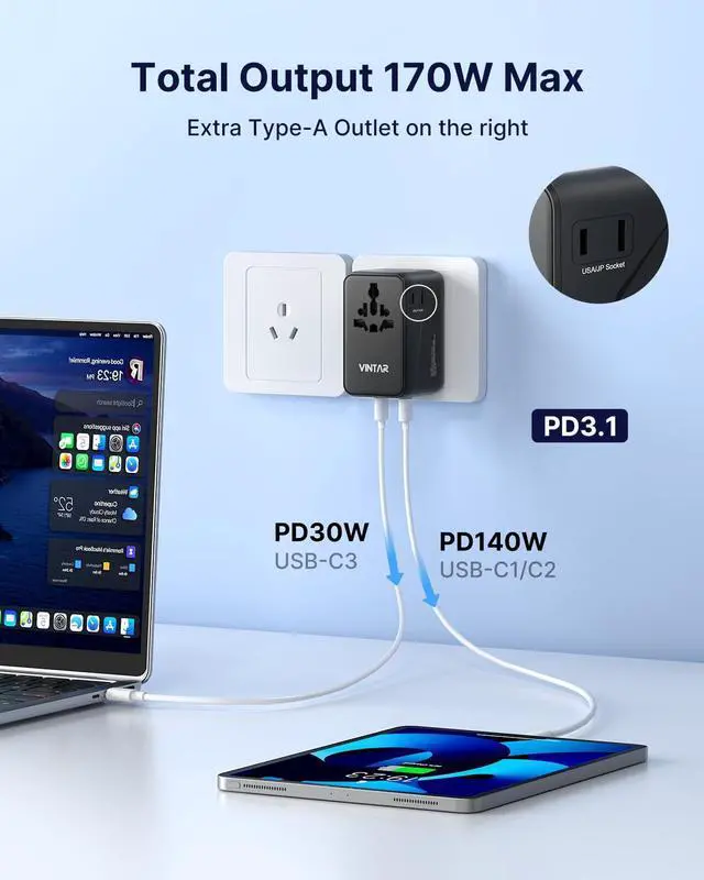 Alt view image 3 of 7 - VINTAR Universal Travel Adapter 170W GaN, Fast Charger for EU UK US AU