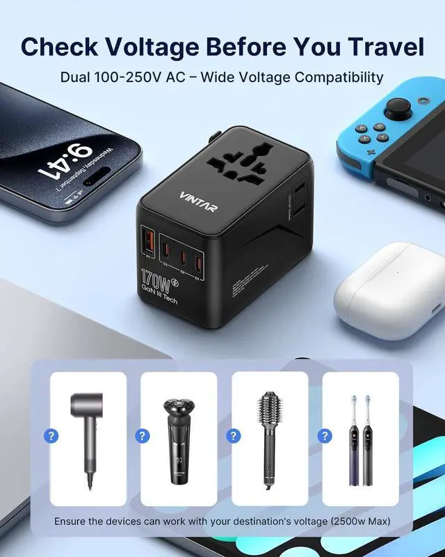 Alt view image 7 of 7 - VINTAR Universal Travel Adapter 170W GaN, Fast Charger for EU UK US AU