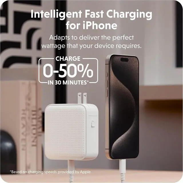 Alt view image 3 of 7 - HyperJuice® 100W GaN Safety Tested Travel Charger - Quad-Port GaN Charger for iPhone, iPad, MacBook, Smartphone, & Laptop - Compact Type C Charger Fast Charging Phone Charger for 4 Devices (White)