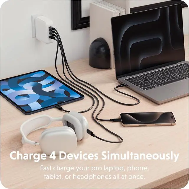 Alt view image 2 of 7 - HyperJuice® 100W GaN Safety Tested Travel Charger - Quad-Port GaN Charger for iPhone, iPad, MacBook, Smartphone, & Laptop - Compact Type C Charger Fast Charging Phone Charger for 4 Devices (White)