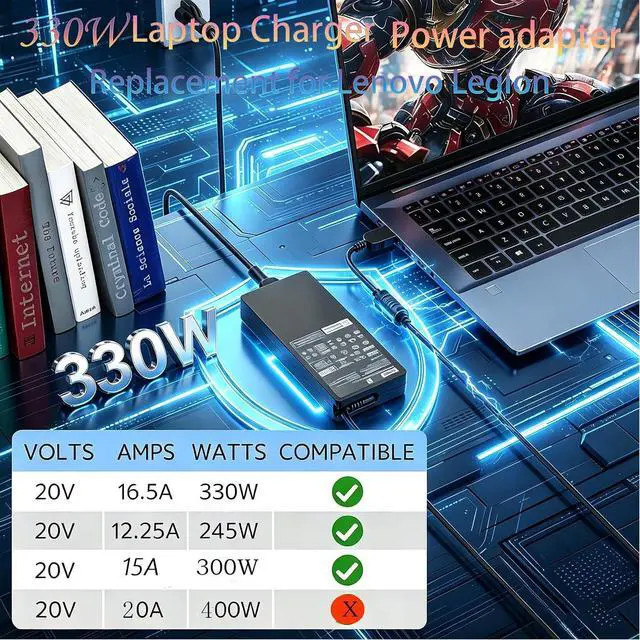 Alt view image 6 of 7 - Slim 330W Laptop Charger Replacement for Lenovo Legion Pro 9 9i 7 7i 5i 5 Gen 16IRX8 16IRX9 RTX 4070 4080 4090 ThinkPad Gaming Yoga AIO 7 ADL330SDC3A GX21M50608 20V 16.5A Power Supply Cord AC Adapter